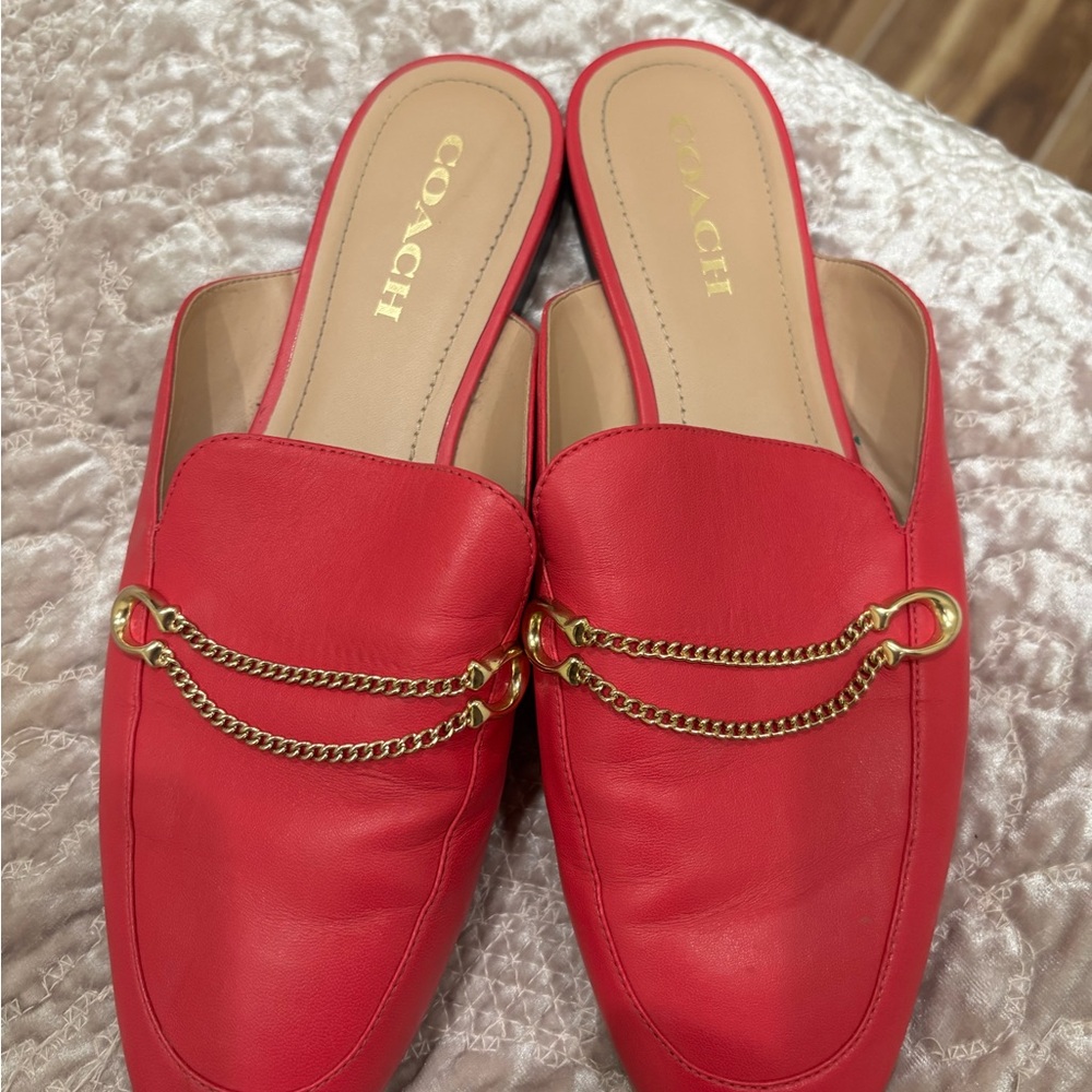 Coach Hot Pink Leather Chain-Trim Mule Loafers - Picture 2 of 3